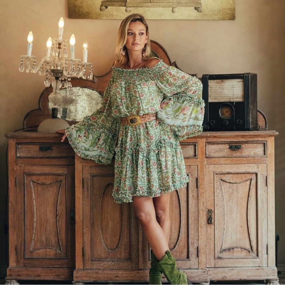 Miss June Paris Green & Blue Floral Boho Flowy Bell Sleeve Off Shoulder Dress